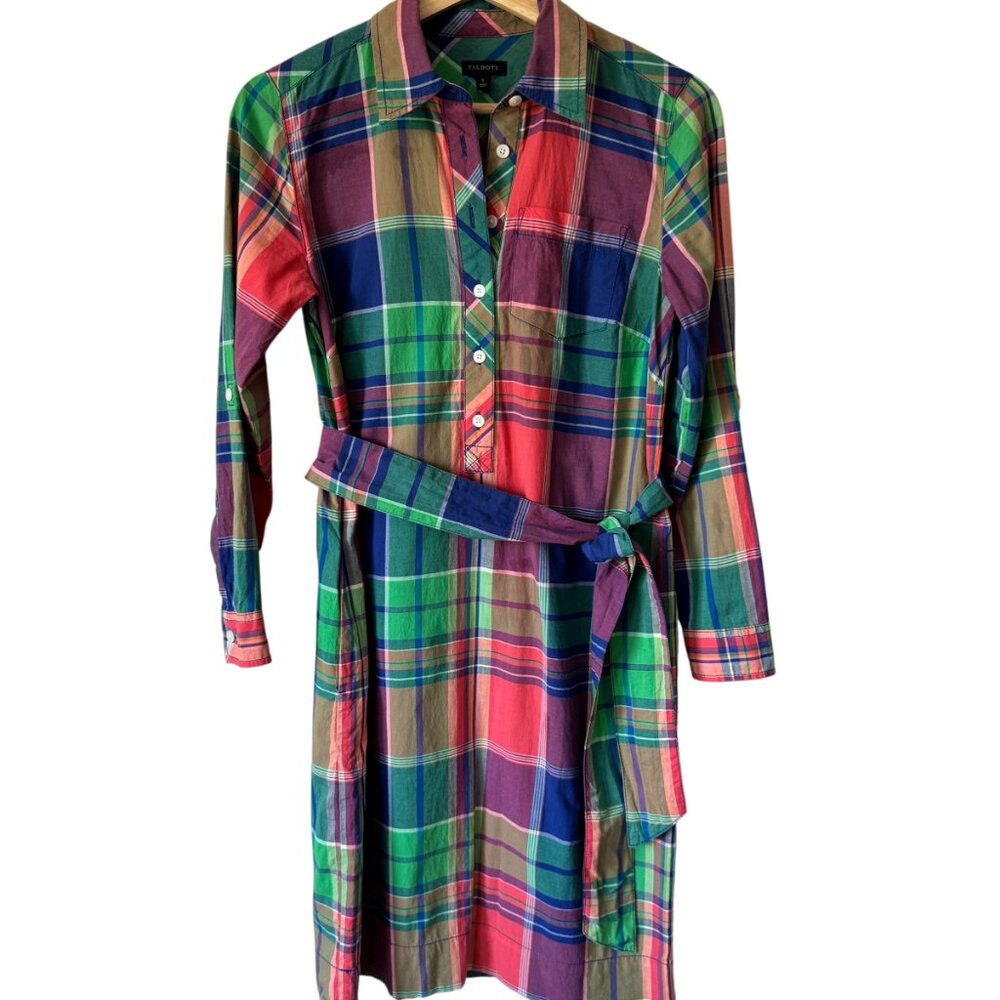 Talbots Sz 2 Plaid Shirt Dress Lightweight Cotton Preppy Pockets Tie Coastal